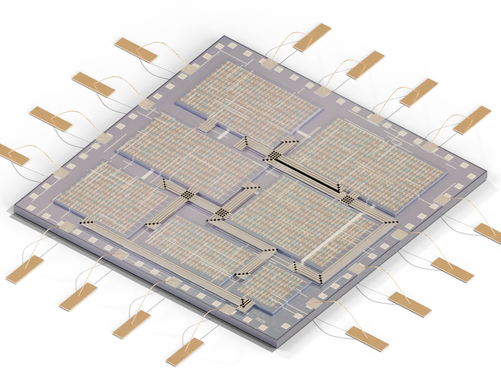 3D model of the RPU die: functional blocks, 4-bit aluminium buses, bond pads and gold bond wires